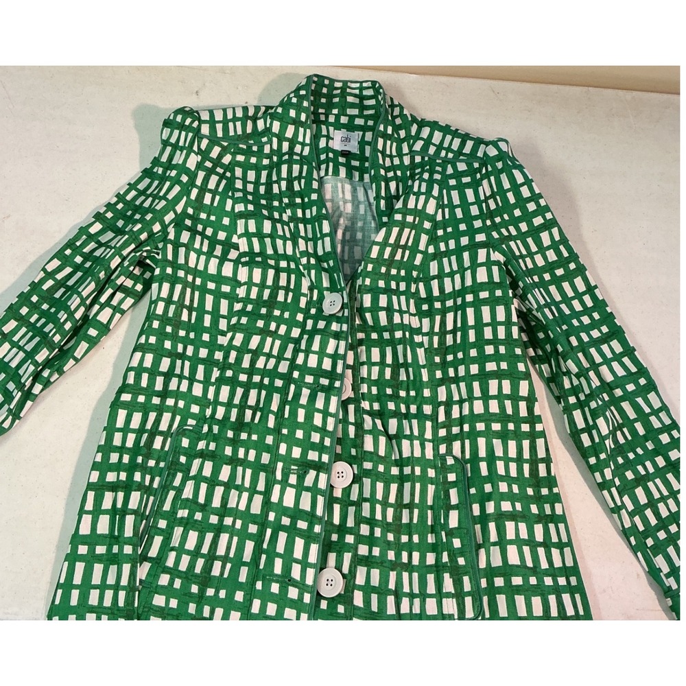 Cabi Green White Grid Print Longline Blazer Jacket Womens Medium Geometric Coat